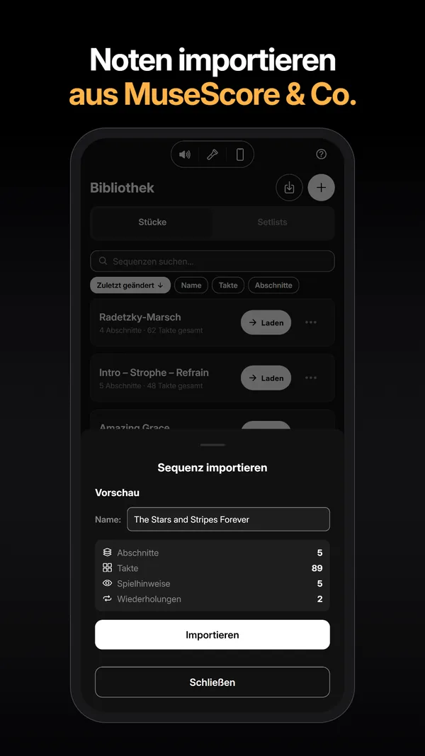 Import-Vorschau einer MusicXML-Datei