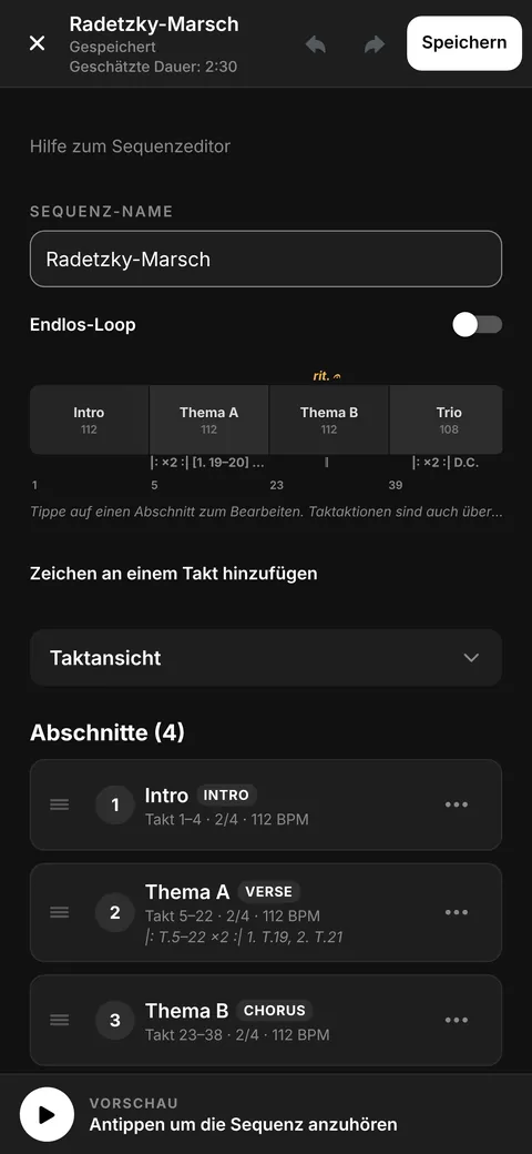 Sequenz-Editor mit Abschnitten