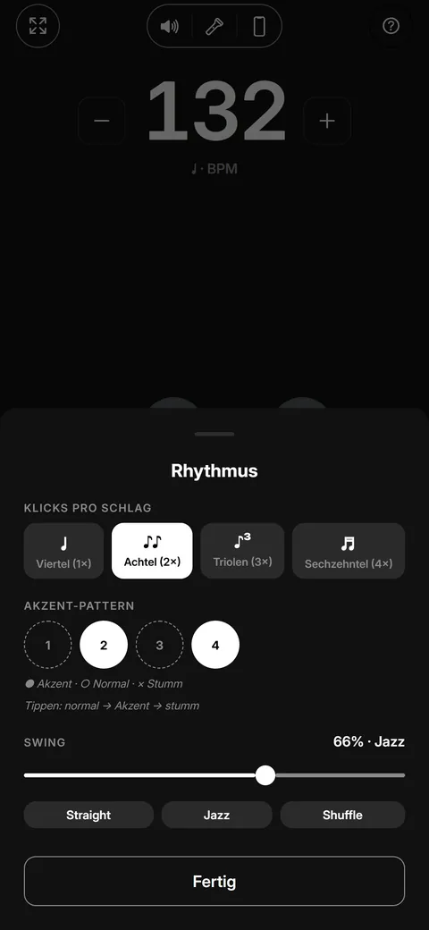 Rhythmus-Einstellungen mit Akzenten und Swing