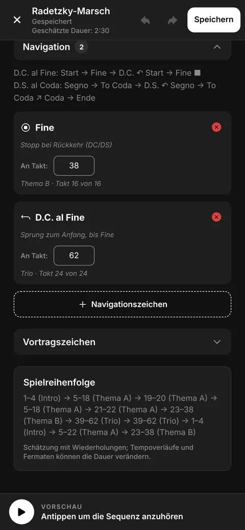 Navigationszeichen und Spielreihenfolge im Editor