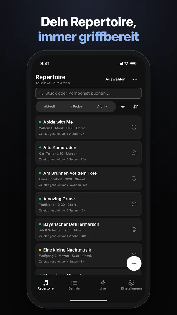 Repertoire mit Status und Filtern
